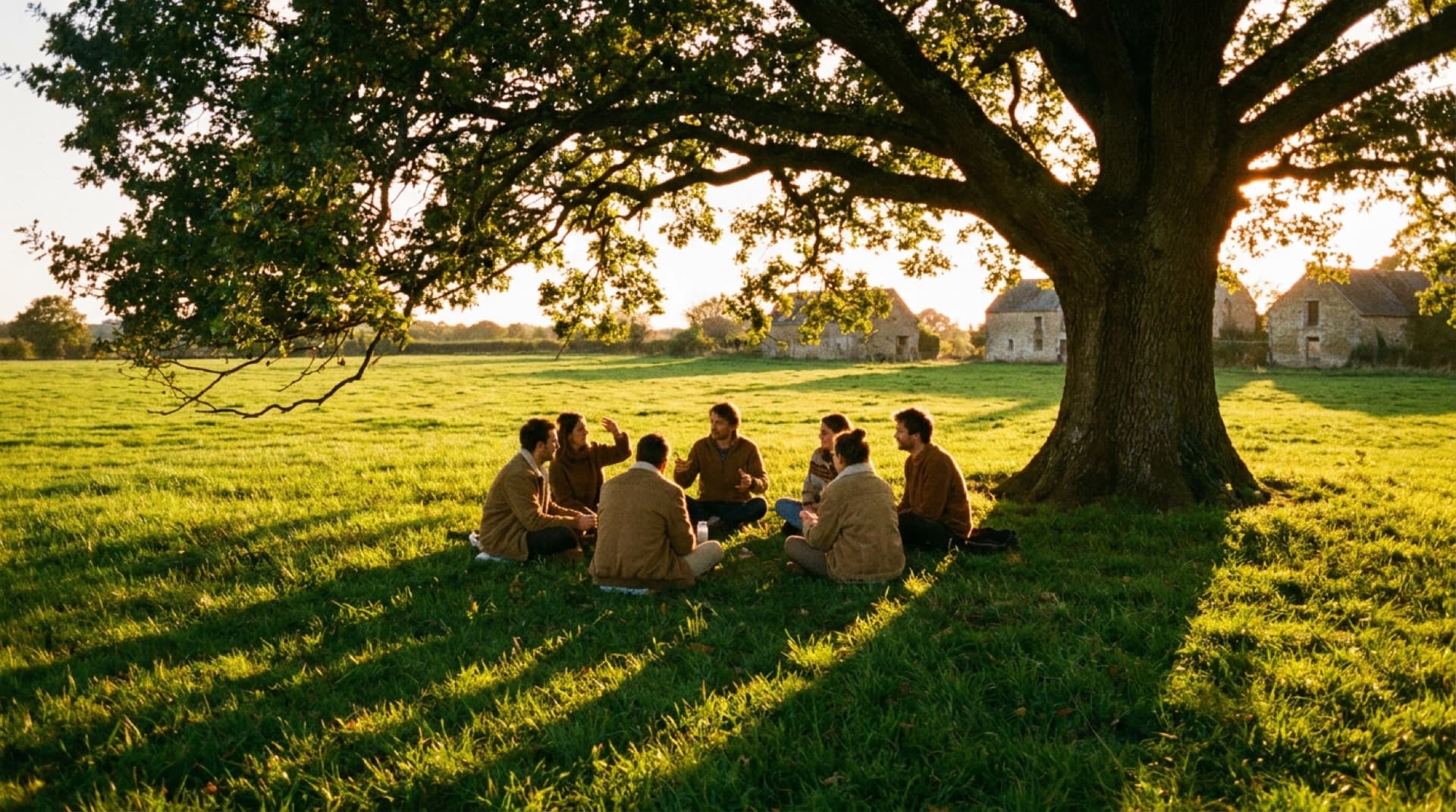 Six people seated in a loose circle on grass under a large oak at golden hour